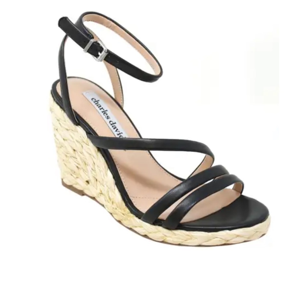Charles David Rylee Platform Wedge Sandal - Black Leather, size 10